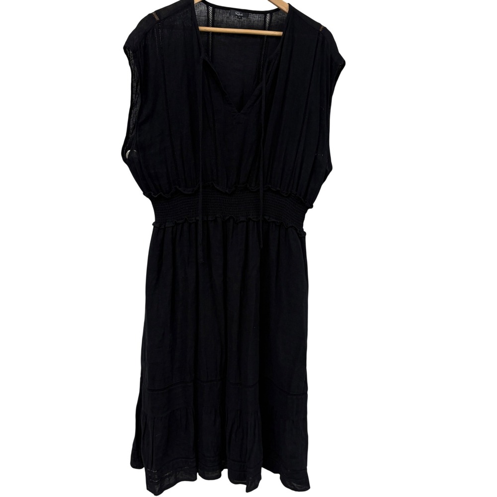 Rails Ashlyn Black Linen Blend Smocked Waist Lace Detail Midi Dress XL